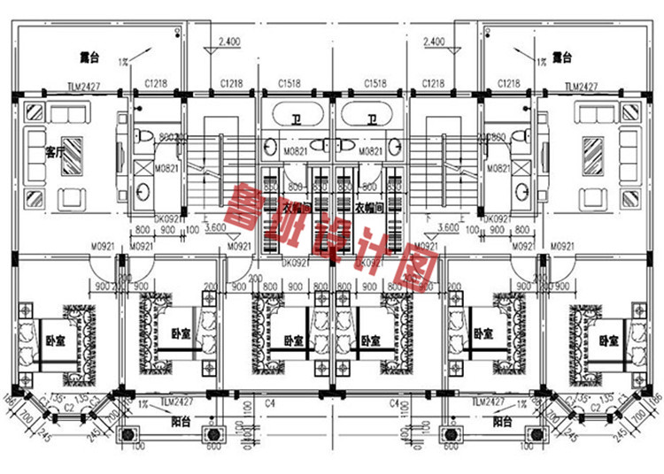 欧式豪华三层双拼别墅设计二层户型图