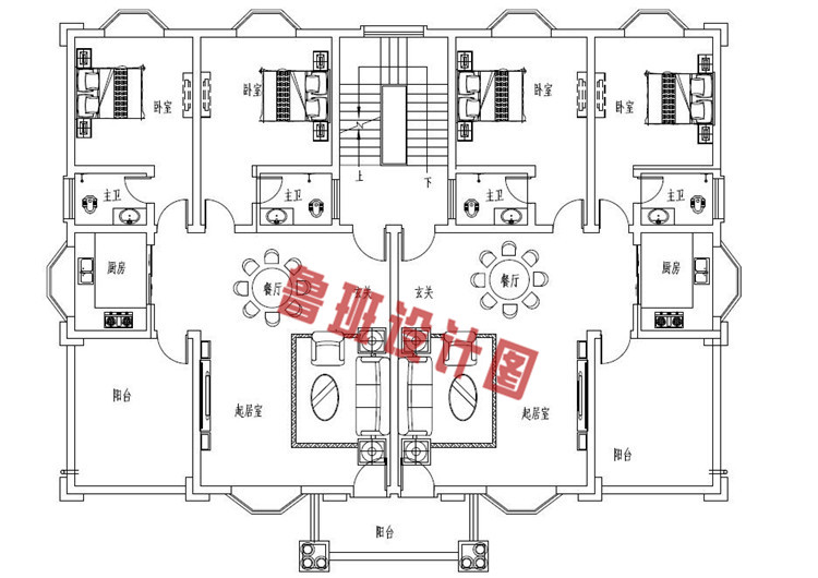 三层农村兄弟双拼别墅房屋设计二层户型图