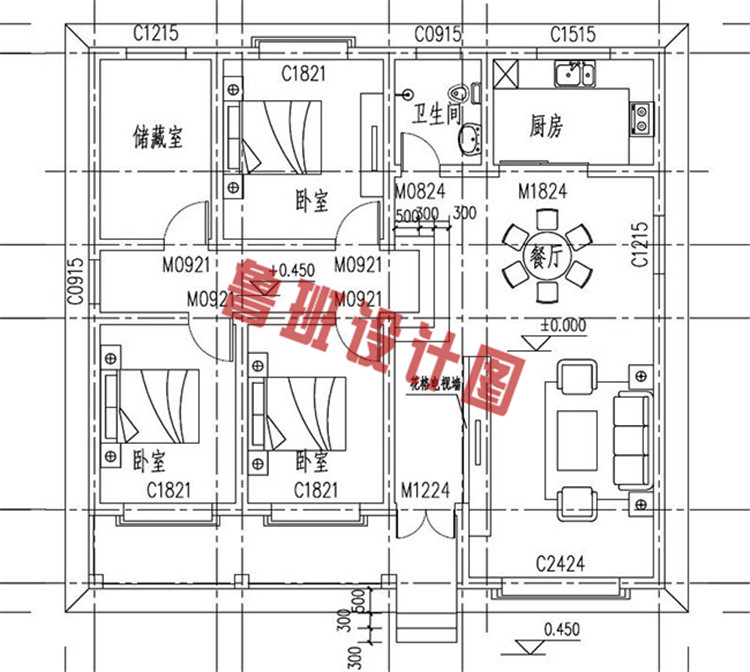 农村平房坡屋顶一层自建房设计一层户型图