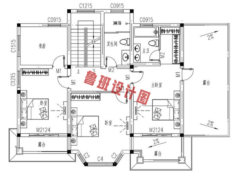 气派的美式三层别墅设计二层户型图