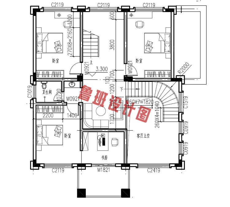 欧式楼中楼三层别墅设计二层户型图