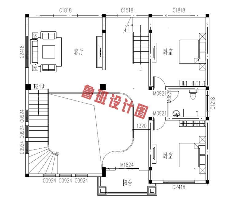 复式三层自建房屋设计二层户型图