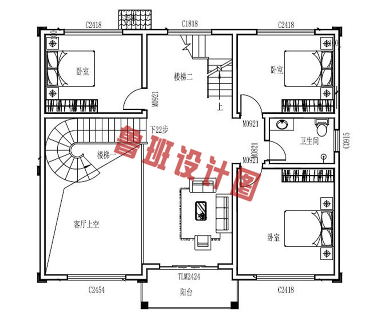 三层带地下室别墅洋房设计二层户型图