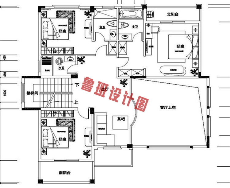 新颖时尚的欧式三层别墅设计二层户型图