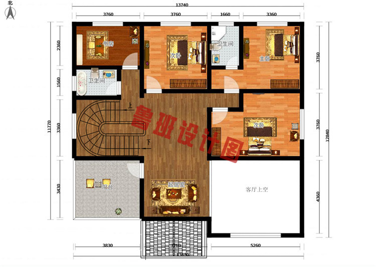 三层带露台+车库别墅设计二层户型图