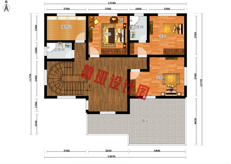 三层带露台+车库别墅设计三层户型图