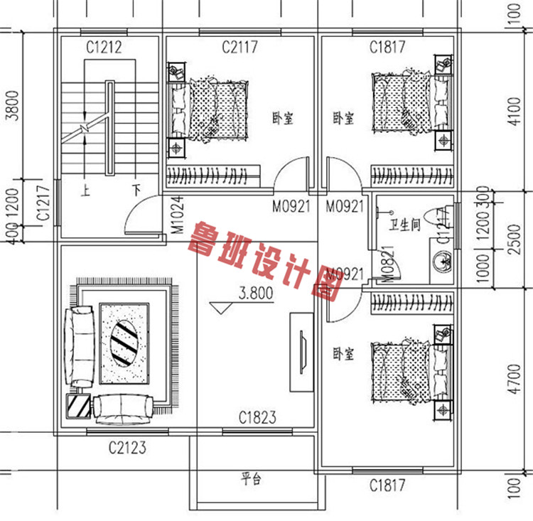 带空中花园的欧式三层别墅设计二层户型图