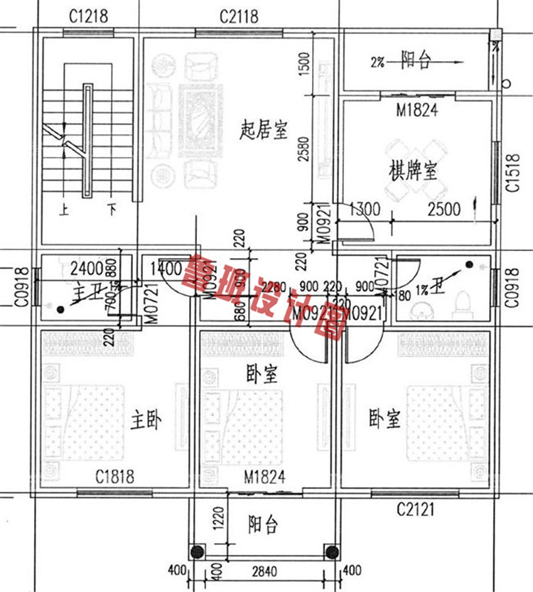 美观大气的简约三层别墅设计二层户型图