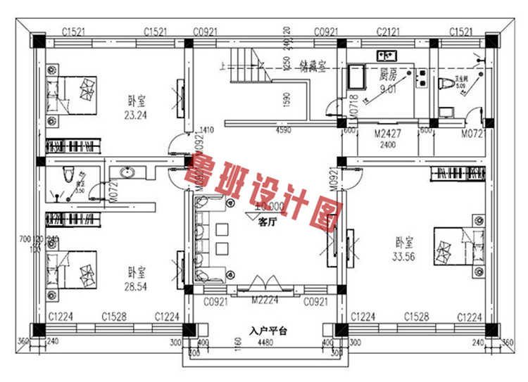 左右对称的简欧式高端大气三层别墅设计一层户型图