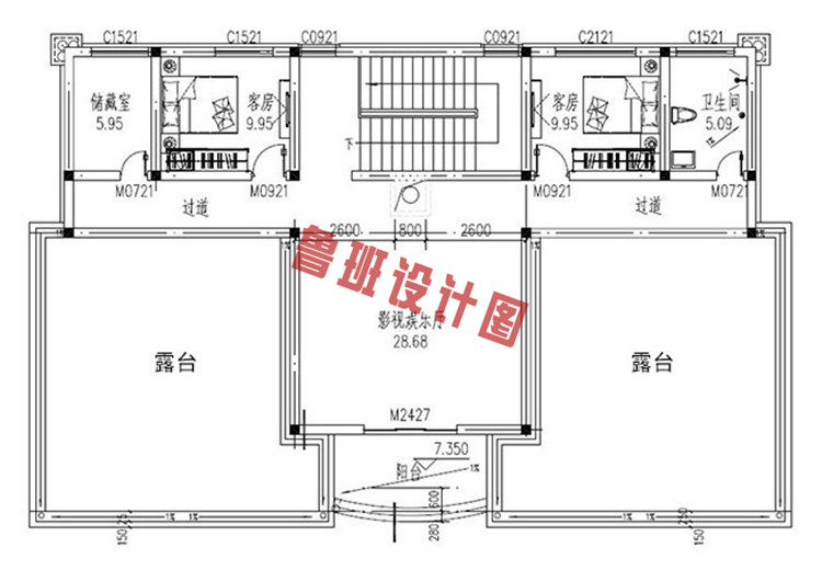 左右对称的简欧式高端大气三层别墅设计三层户型图