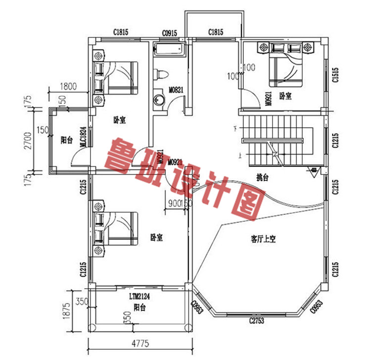 140平经典复式三层别墅设计二层户型图