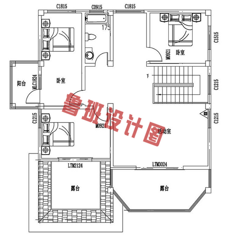 140平经典复式三层别墅设计三层户型图