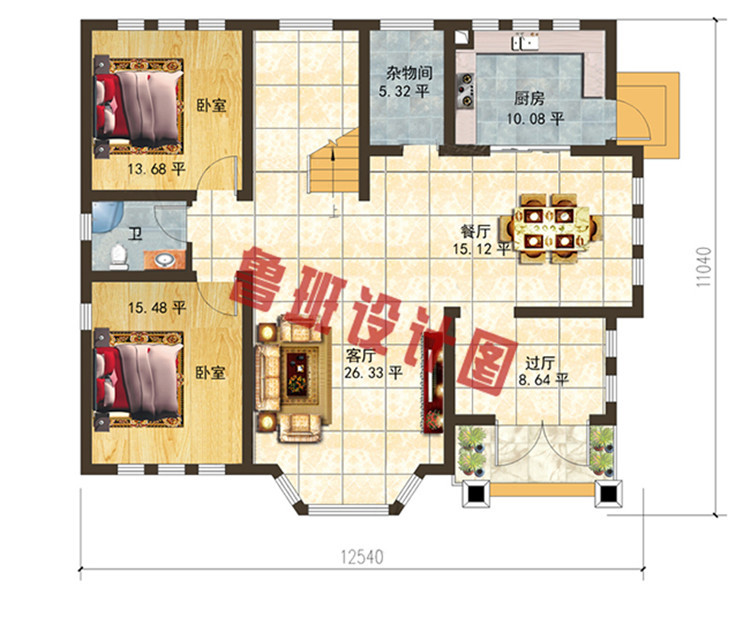 精致田园风三层别墅设计一层户型图