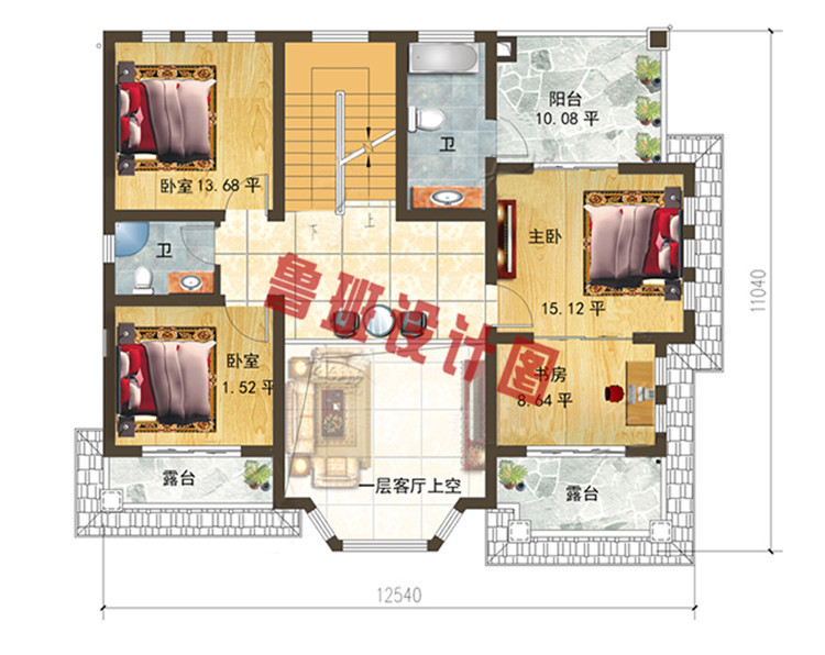 精致田园风三层别墅设计二层户型图