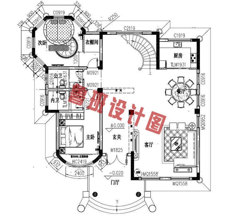 富有高级感的欧式三层别墅设计一层户型图