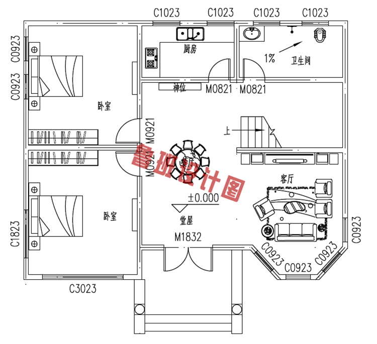 地中海风格三层自建房一层户型图