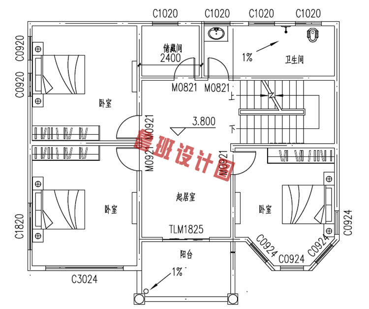 地中海风格三层自建房二层户型图