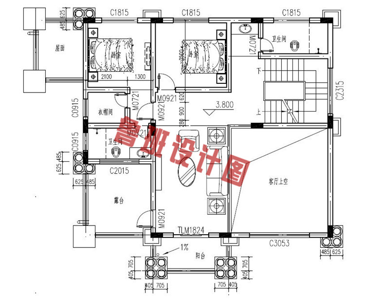 150平三层欧式别墅设计二层户型图