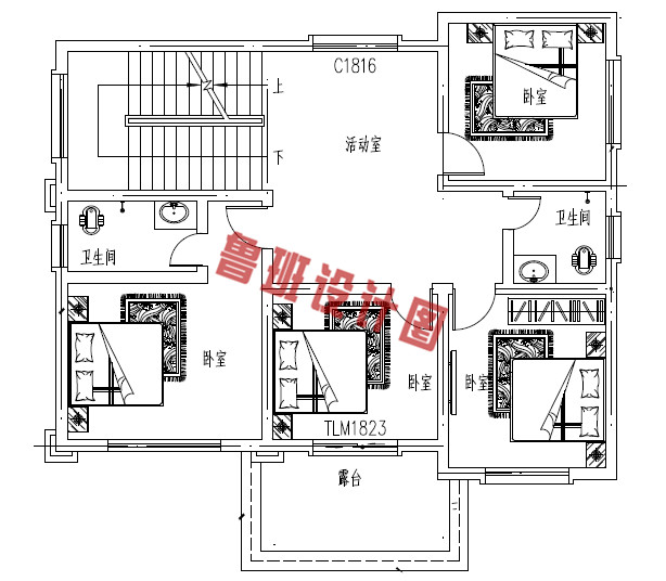 新中式欧式三层别墅设计二层户型图