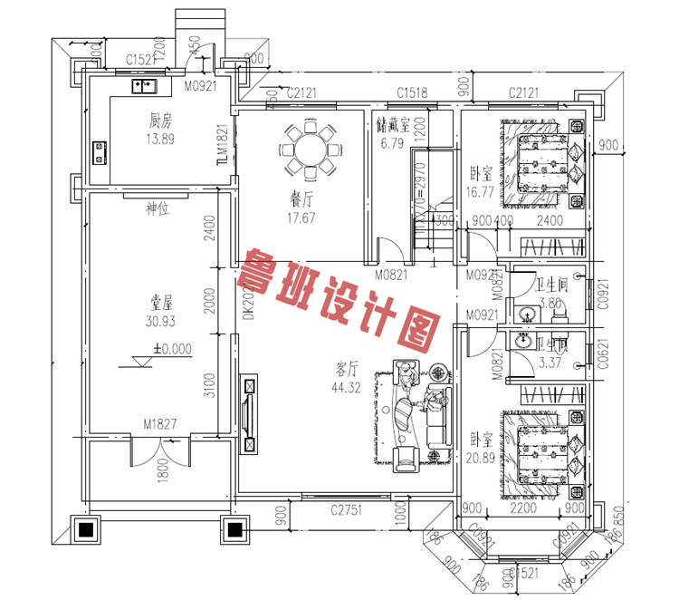 轻奢风复式三层别墅设计一层户型图