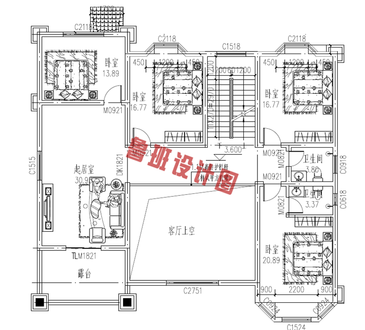 轻奢风复式三层别墅设计二层户型图