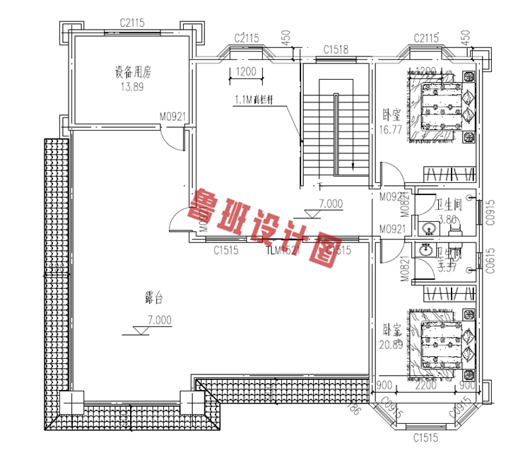 轻奢风复式三层别墅设计三层户型图