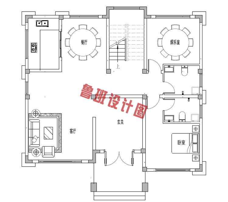 新中式独栋三层别墅设计一层户型图