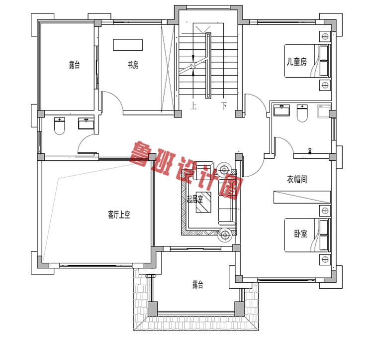 新中式独栋三层别墅设计二层户型图