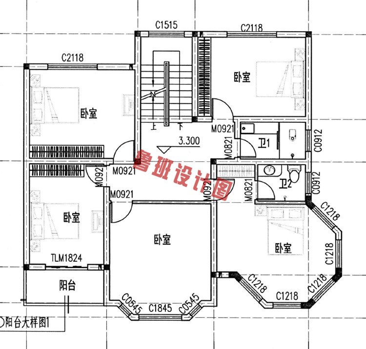 现代三层小别墅设计二层户型图