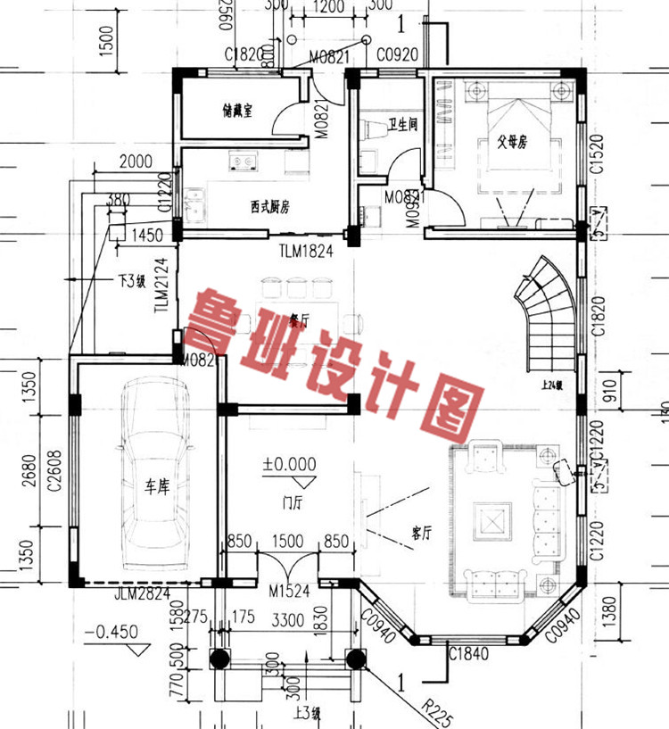 美式田园三层小别墅推荐一层户型图