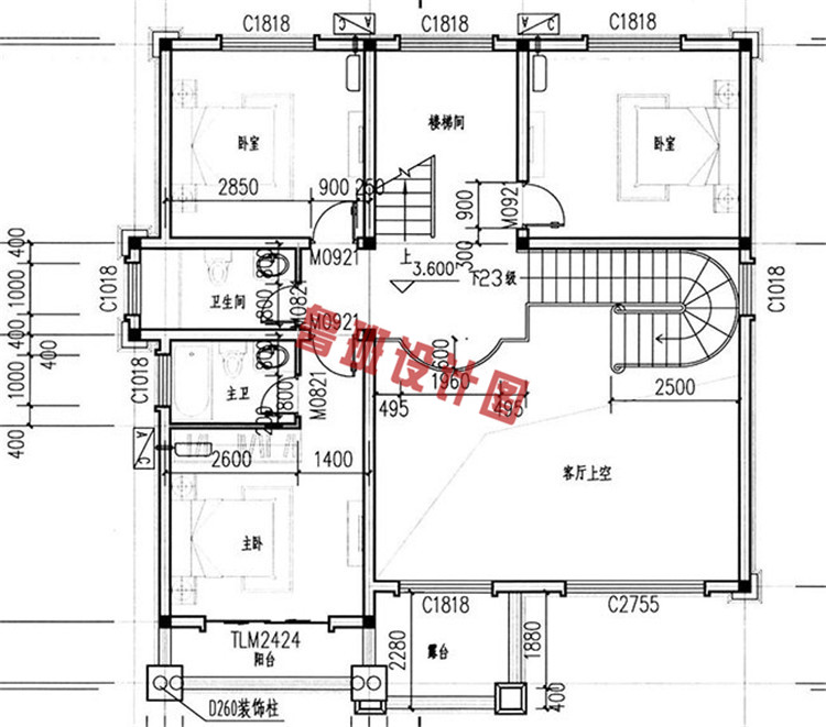 经典复式三层别墅设计二层户型图