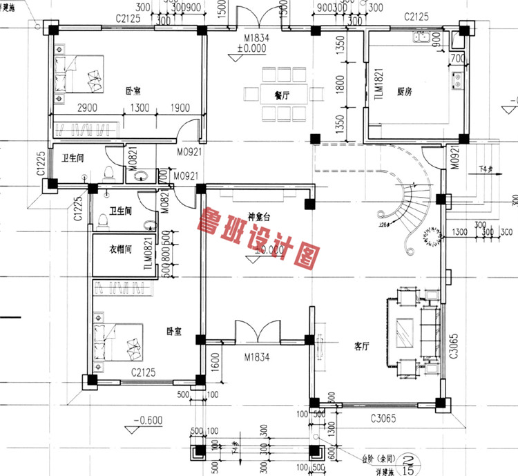 复式大面积三层别墅设计一层户型图