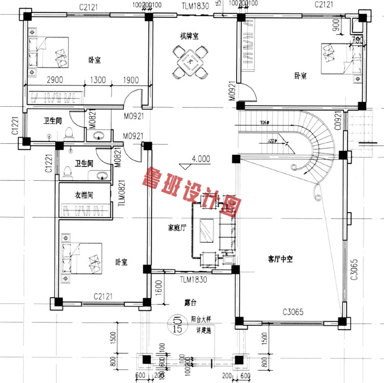 复式大面积三层别墅设计二层户型图