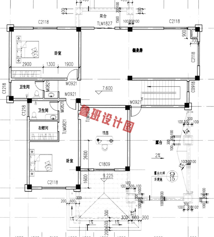 复式大面积三层别墅设计三层户型图