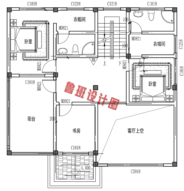 楼中楼三层自建房屋设计二层户型图