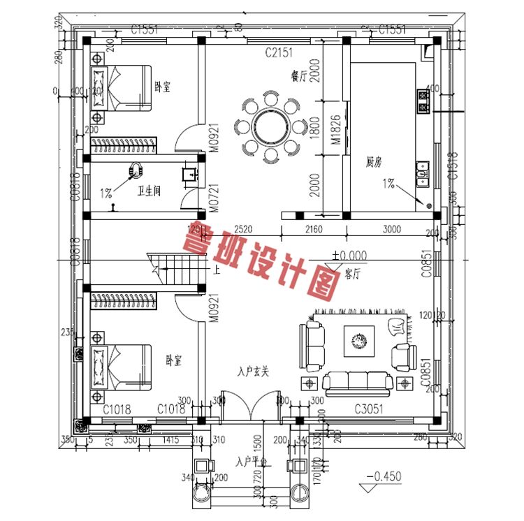 美式三层农村别墅设计一层户型图