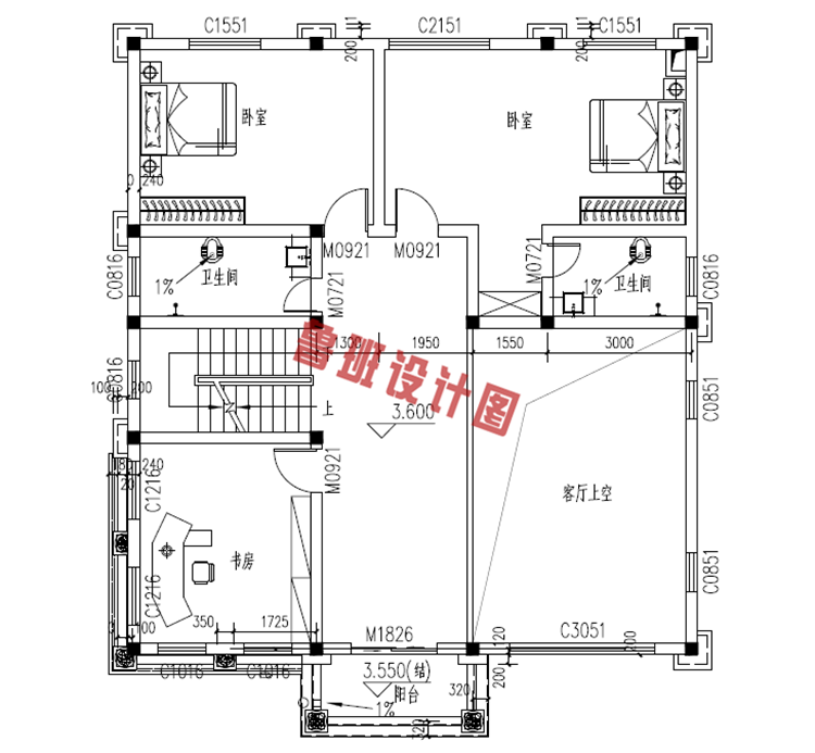 美式三层农村别墅设计二层户型图