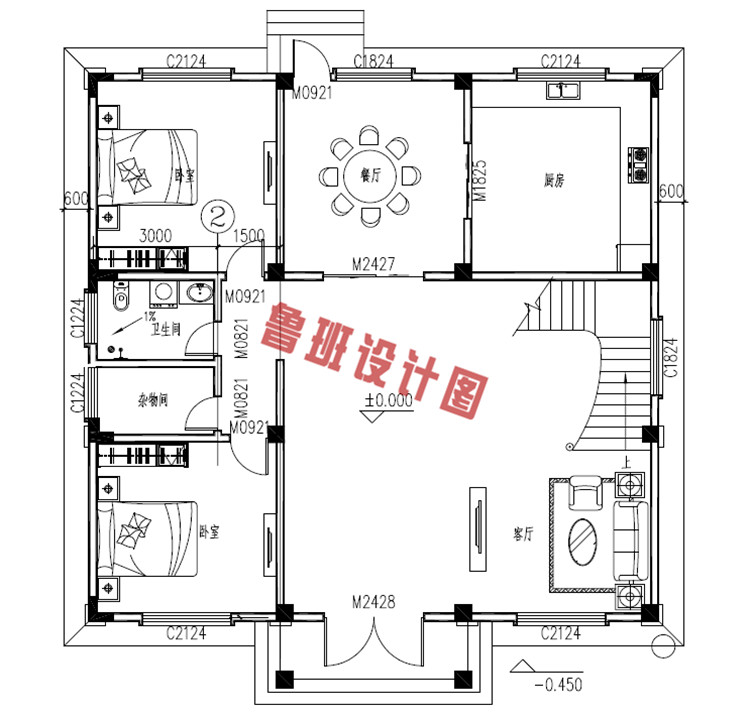 复式三层经典欧式楼房设计一层户型图