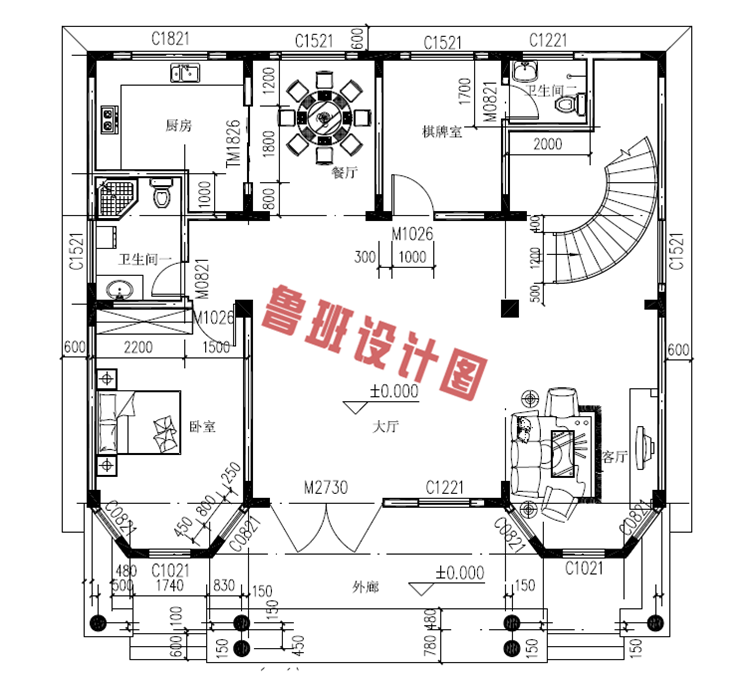 美式二层半小别墅设计一层户型图