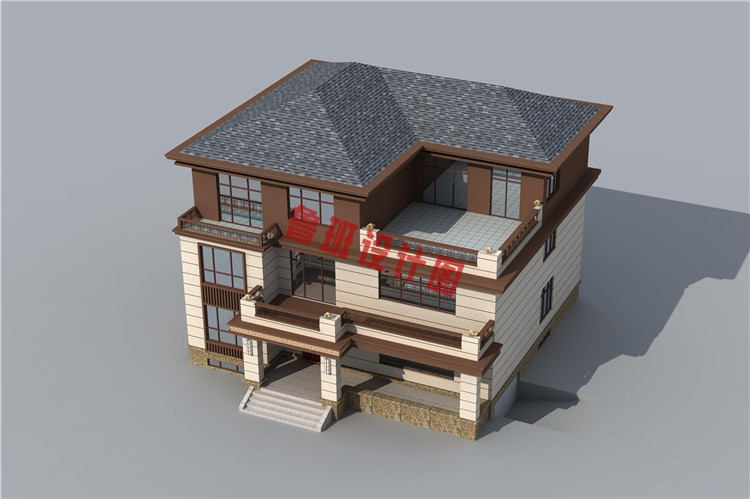 新中式三层小别墅房屋设计鸟瞰图