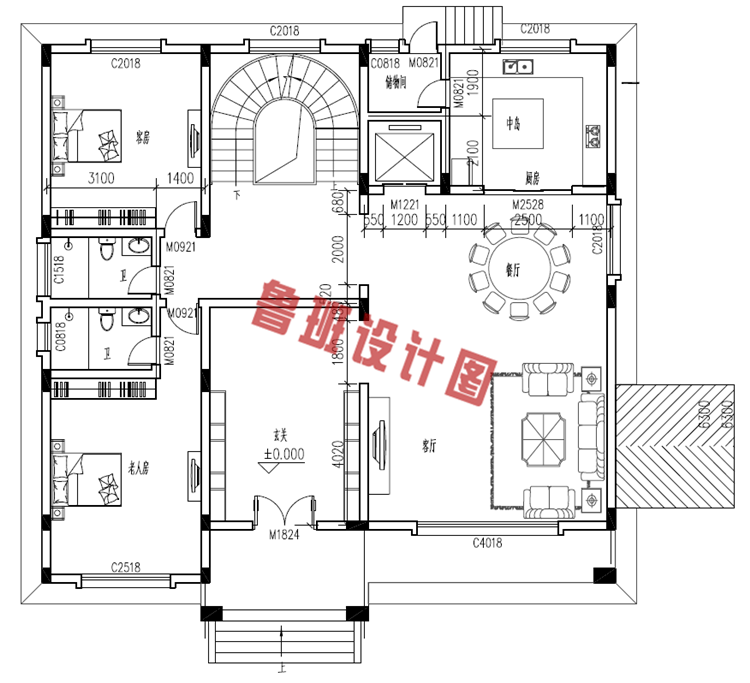 新中式三层小别墅房屋设计一层户型图