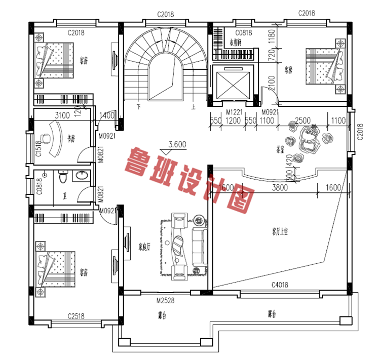 新中式三层小别墅房屋设计二层户型图