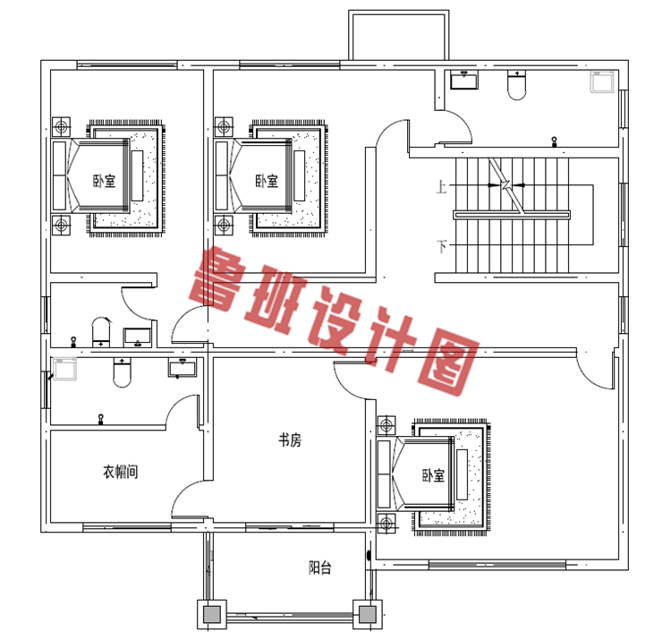 现代中式三层小别墅二层户型图
