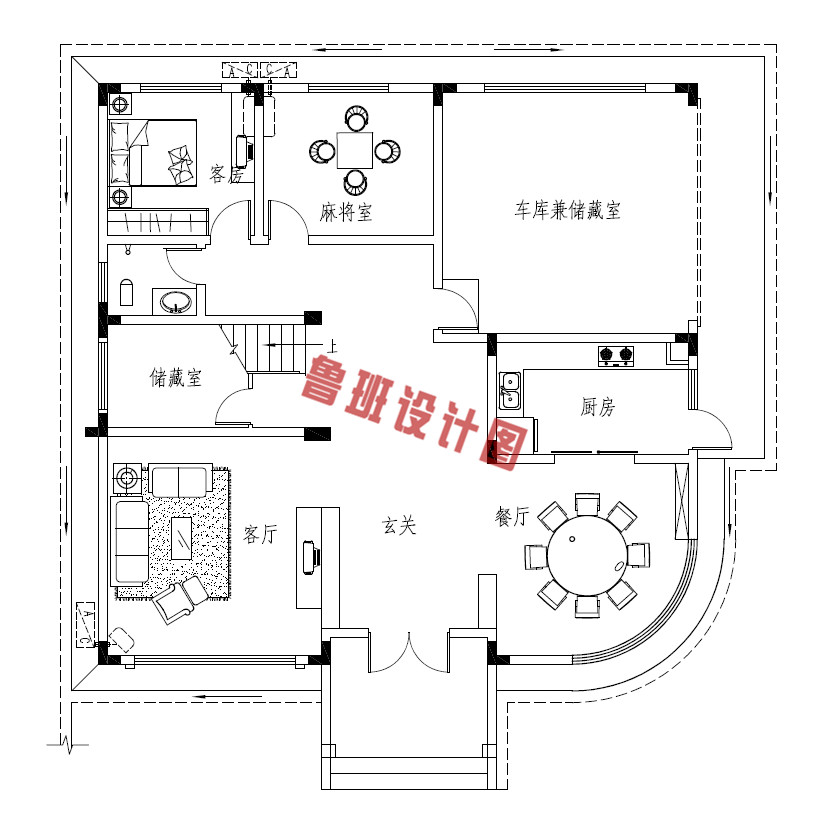 三层现代时尚乡村自建房屋一层户型图