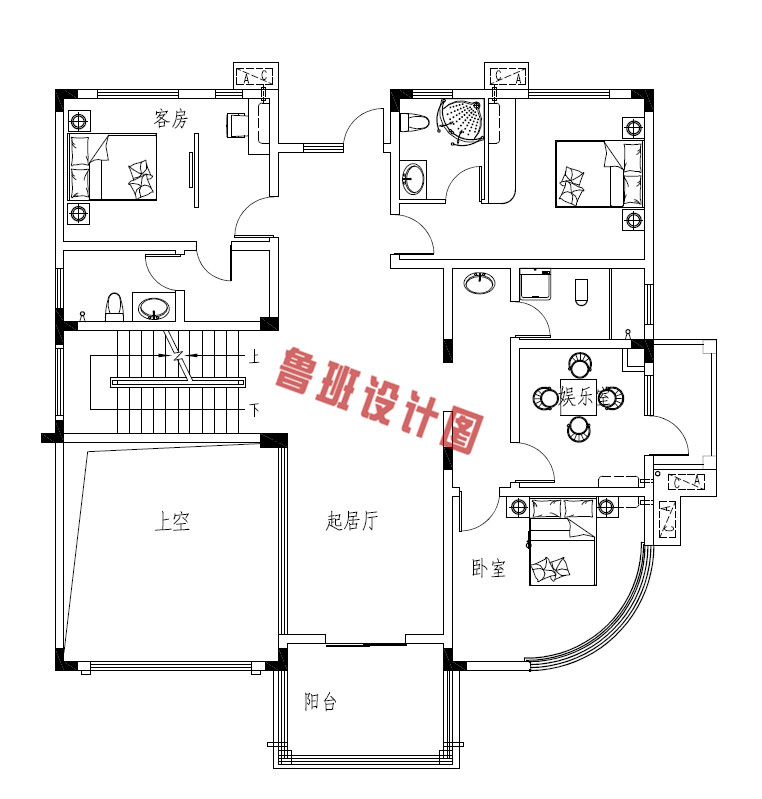 三层现代时尚乡村自建房屋二层户型图