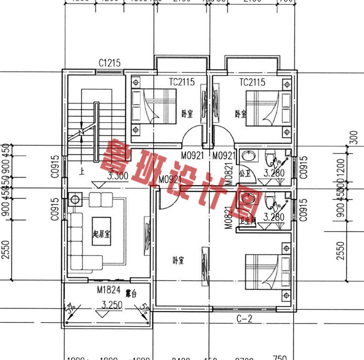 小占地乡村三层半自建房二层户型图