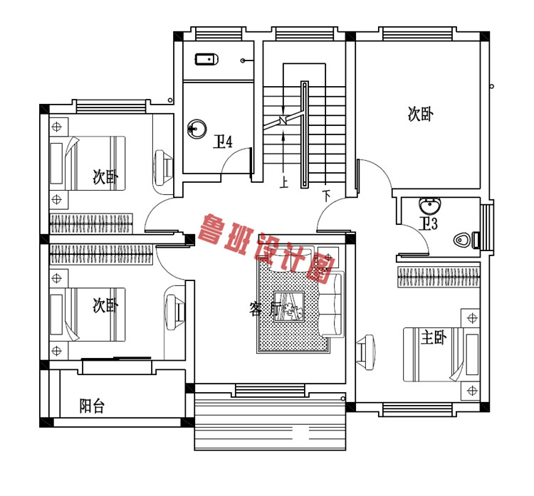 独院式新农村三层别墅设计二层户型图