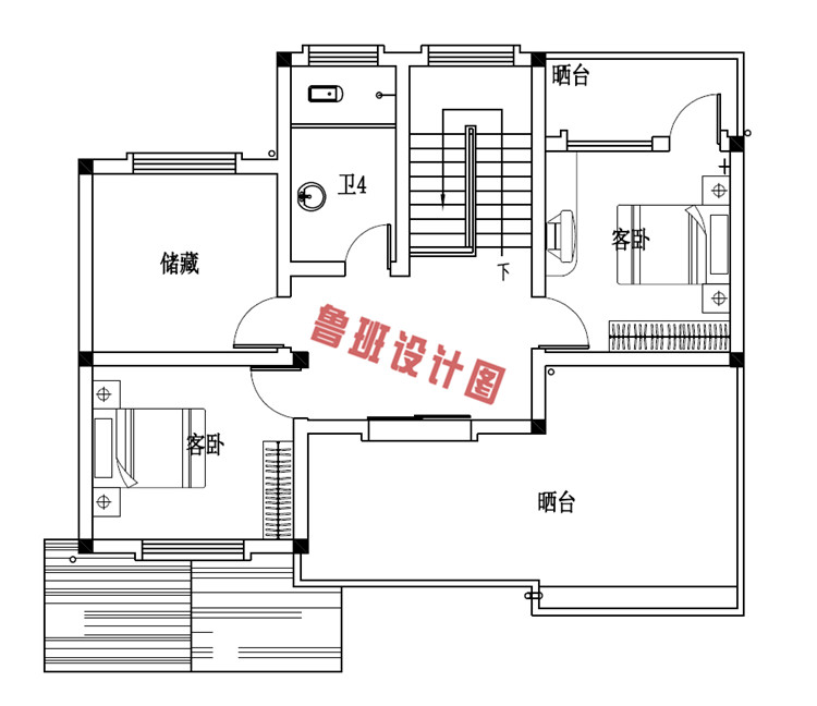 平独院式新农村三层别墅设计三层户型图