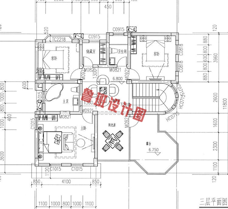 豪华复古欧式三层小别墅设计三层户型图