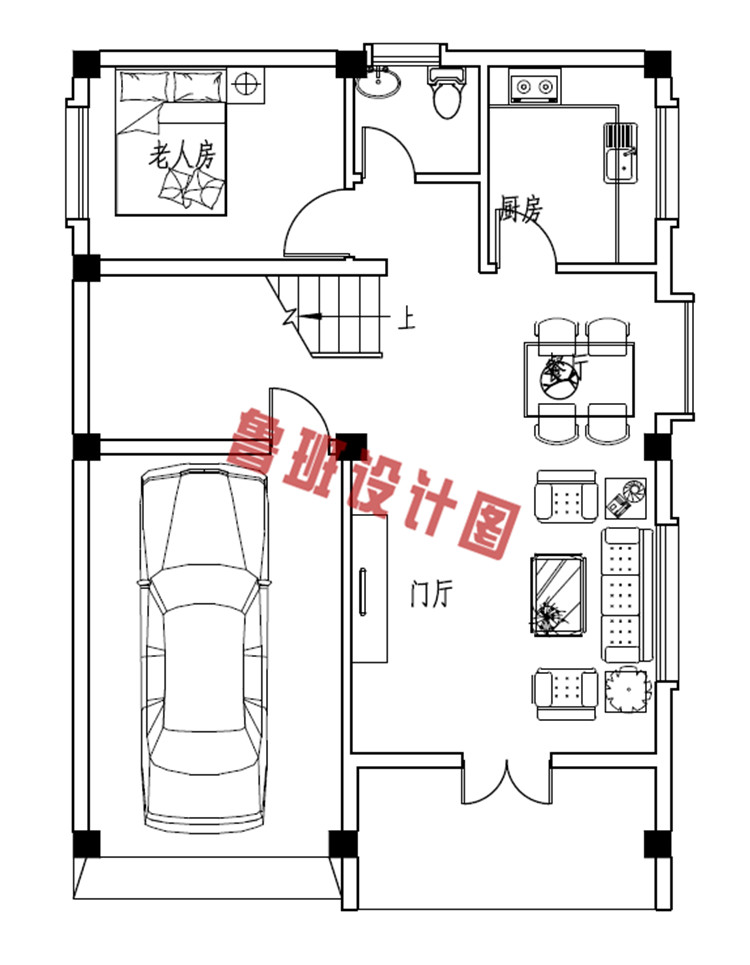 徽派三层乡村小别墅设计一层户型图